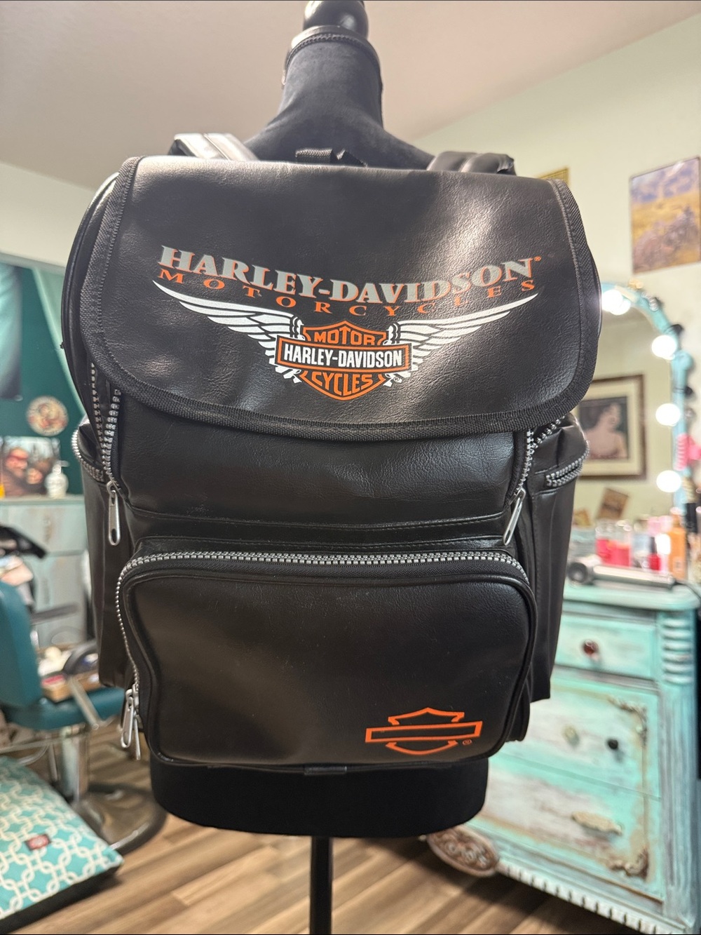 Harley-Davidson Black Backpack with Orange Logo and Wing Graphic